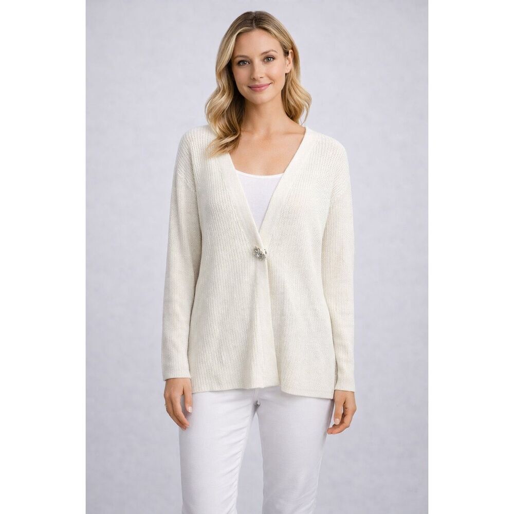 John Paul Richard 100% Acrylic Broach Button White Knit Cardigan Med #763